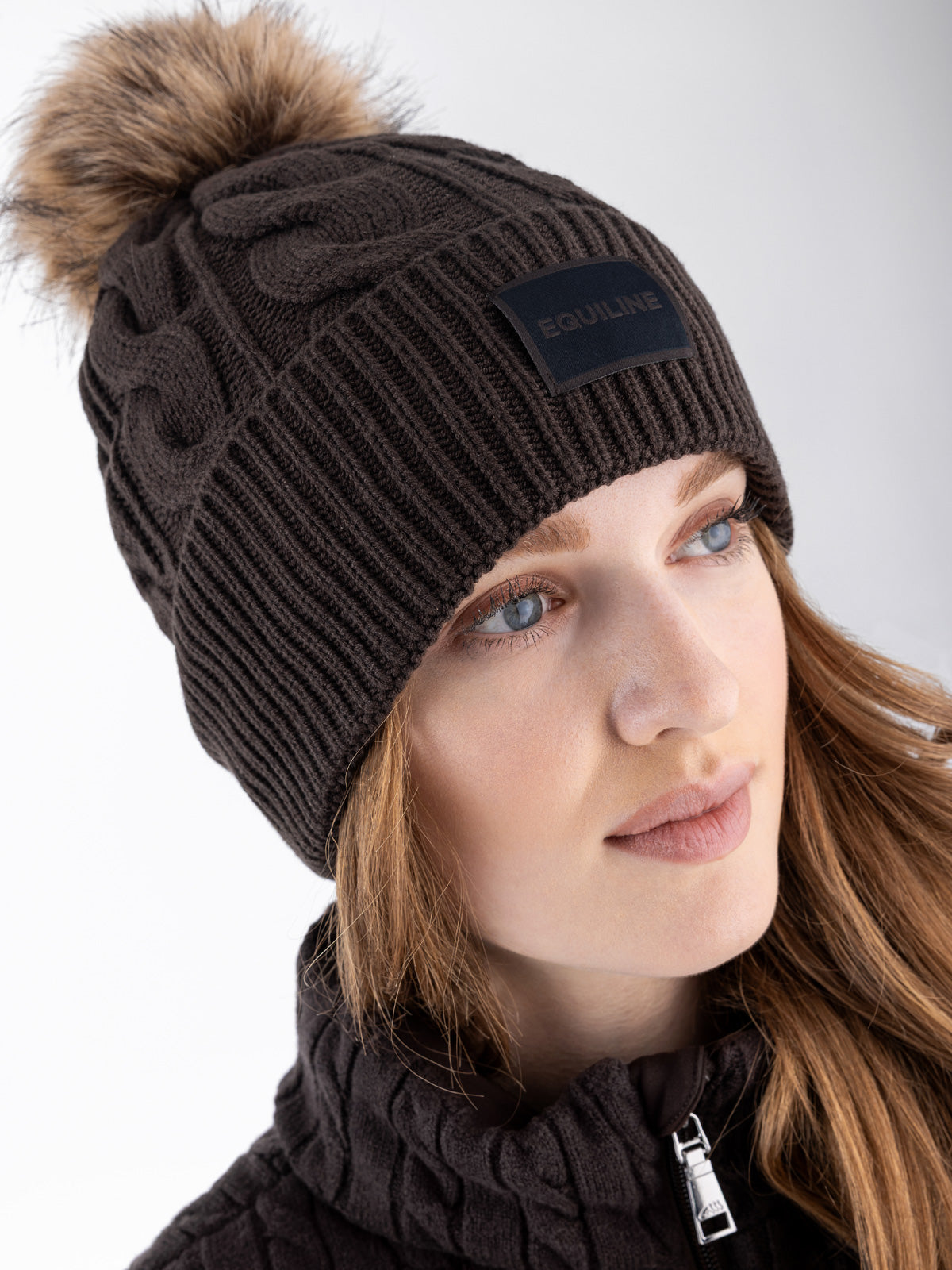 Equiline Knitted Pom Pom Hat Eqgat Coffee Bean